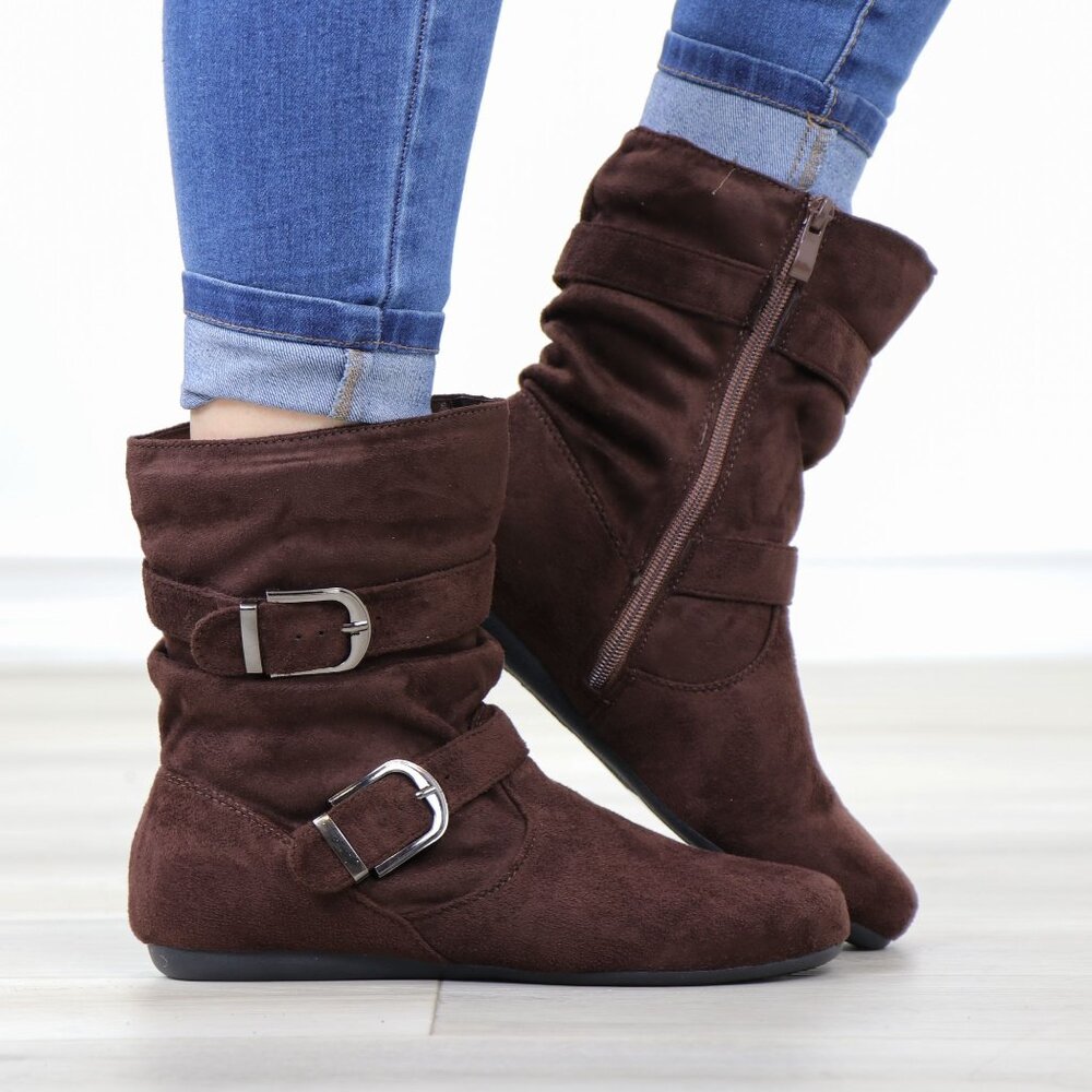 Brown Suede Buckle Boots  Flat Sole Slouchy Fit Everyday Fall Style - Picture 3 of 14
